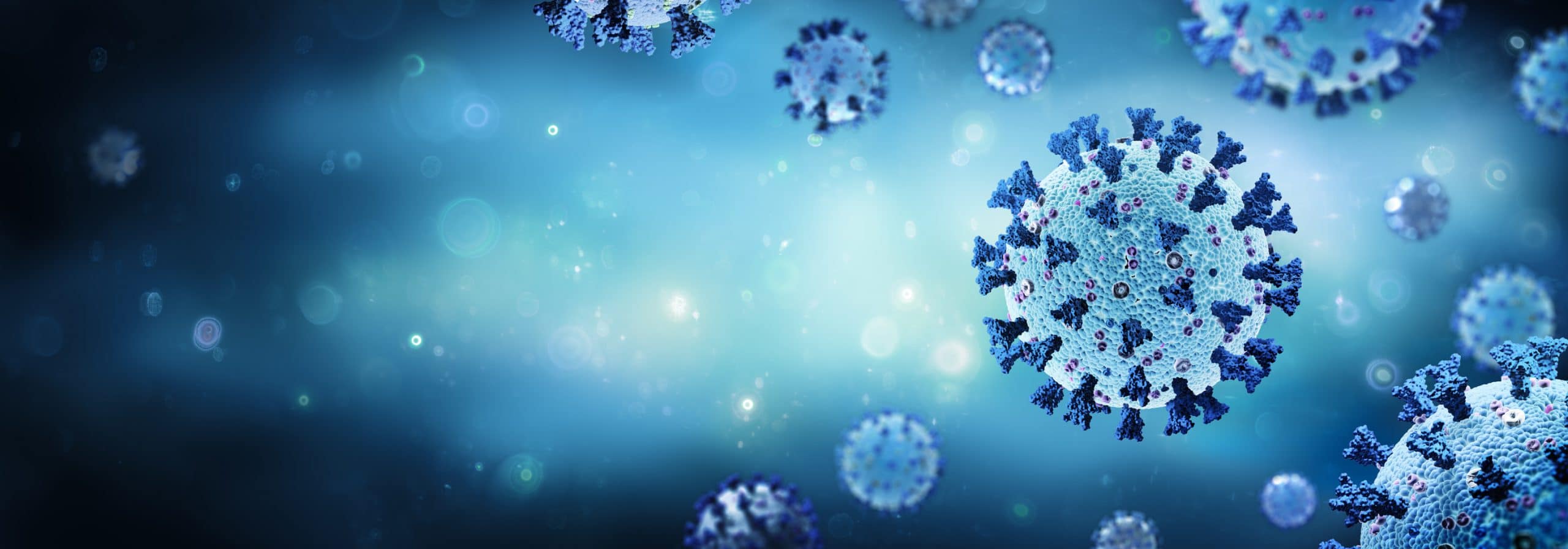 Coronavirus - Structure With Complete Surface Protein Representations In blue Background - 3d Rendering